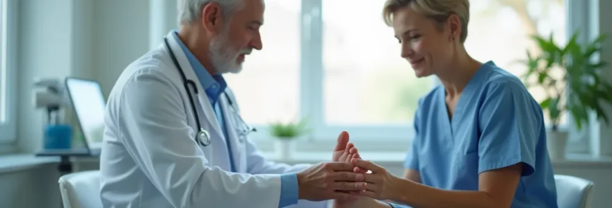 Consultation médicale spécialisée pour pathologies du pied avec médecin examinant un patient