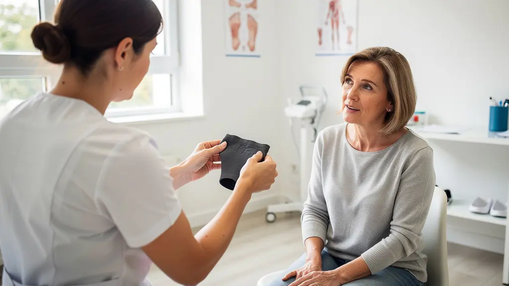 Podologue montrant un vêtement drainant lors d'une consultation patient