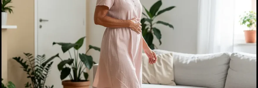 Femme portant un vêtement drainant pour lymphœdème marchant confortablement dans son salon