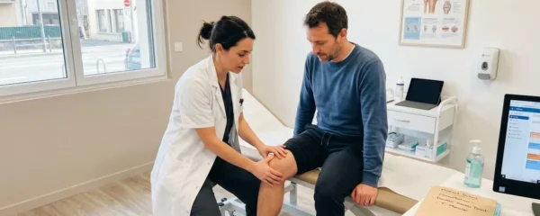 Un médecin examine le genou d'un patient assis sur une table d'examen dans un cabinet médical lumineux et moderne