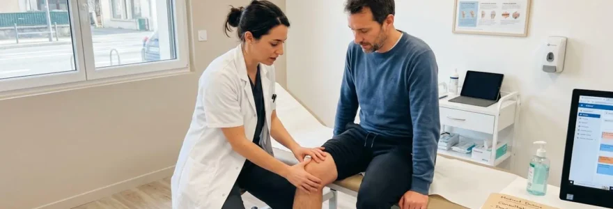 Un médecin examine le genou d'un patient assis sur une table d'examen dans un cabinet médical lumineux et moderne