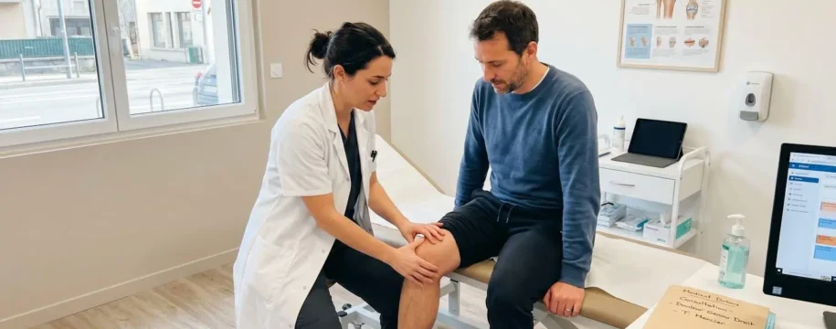Un médecin examine le genou d'un patient assis sur une table d'examen dans un cabinet médical lumineux et moderne