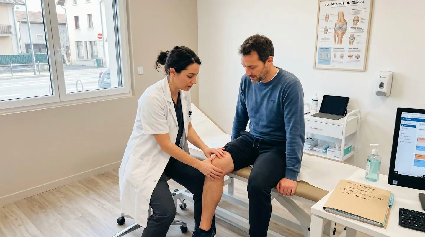 Un médecin examine le genou d'un patient assis sur une table d'examen dans un cabinet médical lumineux et moderne
