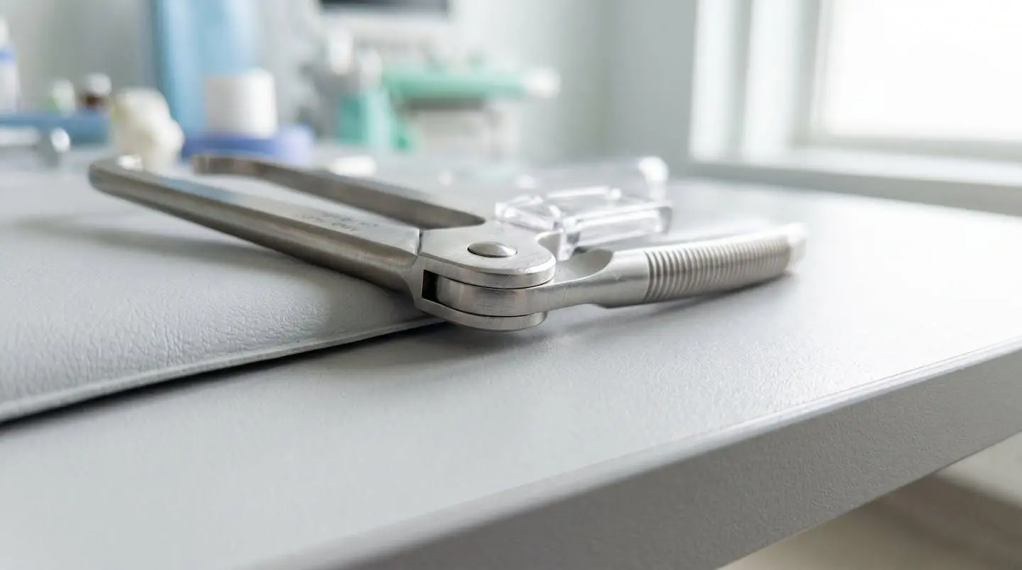 Gros plan sur un cliché d'IRM du genou posé sur une surface médicale claire avec un stéthoscope flou en arrière-plan