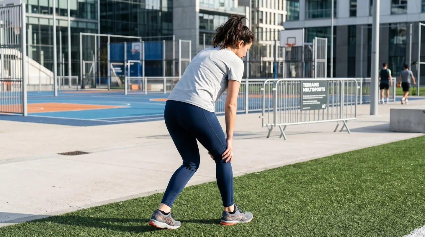 Vue de dos d'une personne en tenue de sport tenant son genou avec une légère grimace sur un terrain de football urbain
